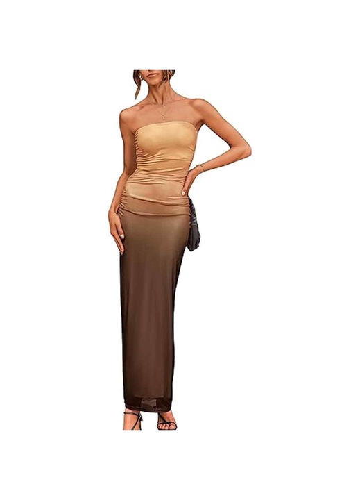 Maxi ruha, Jormftte, pánt nélküli, ujjatlan, barna, slim szabás