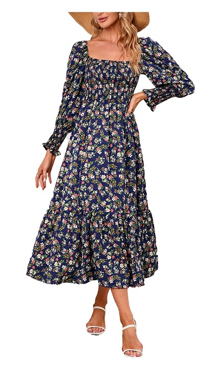 Jormftte ruha, tengerészkék, poliészter, virágmintás, négyzetes nyak, fodros design, hosszú ujjú, S INTL