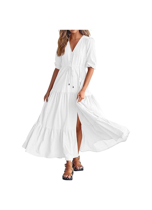 Jormftte ruha, maxi, fehér, poliészter, rövid ujjú, V-nyakú