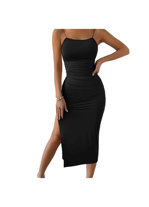 Női midi ruha Jormftte, parti, spagettipántos, fekete hasíték, bodycon