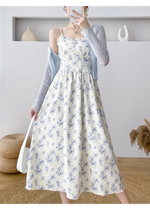 Jormftte ruha, midi, fehér és kék, poliészter, spagetti pánt