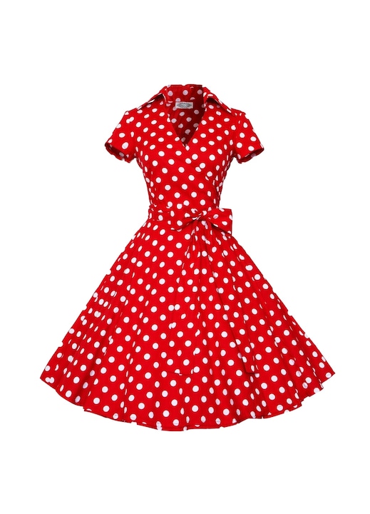 Jormftte estélyi ruha, retro, pöttyös, piros, szögletes gallér, rövid ujjú