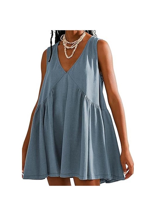 Jormftte Mini Ruha, ujjatlan, V-nyakú, zsebes, kék, rugalmas anyagú, XS INTL