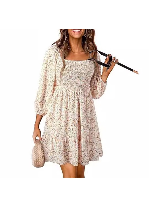 Női ruha Jormftte, alkalmi, virágmintás, 3/4 ujjú, kajszibarack színű, könnyű anyag