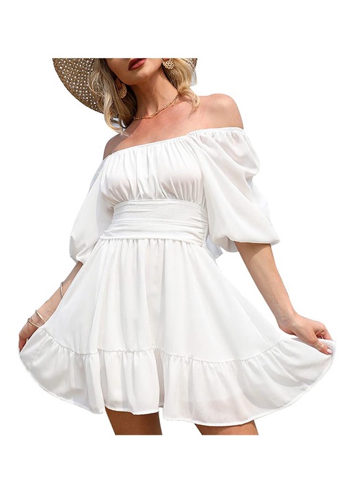 Jormftte ruha, poliészter, fodros, négyzet alakú dekoltázs, Fehér