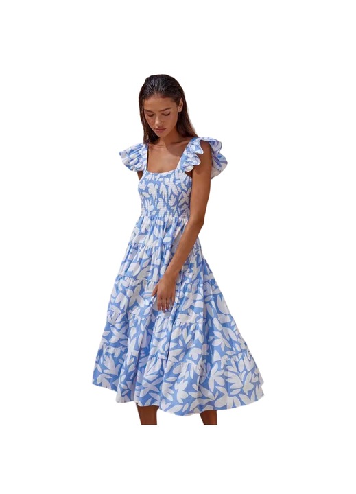 Jormftte maxi ruha, strandruha, négyzet alakú dekoltázzsal, fodrokkal, kék, lágy anyag