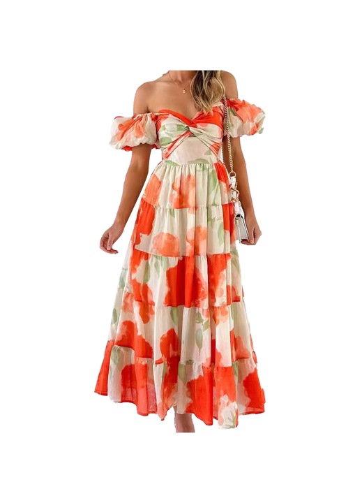 Jormftte midi ruha virágos csipkével, puffos ujjakkal, V-nyakkivágással