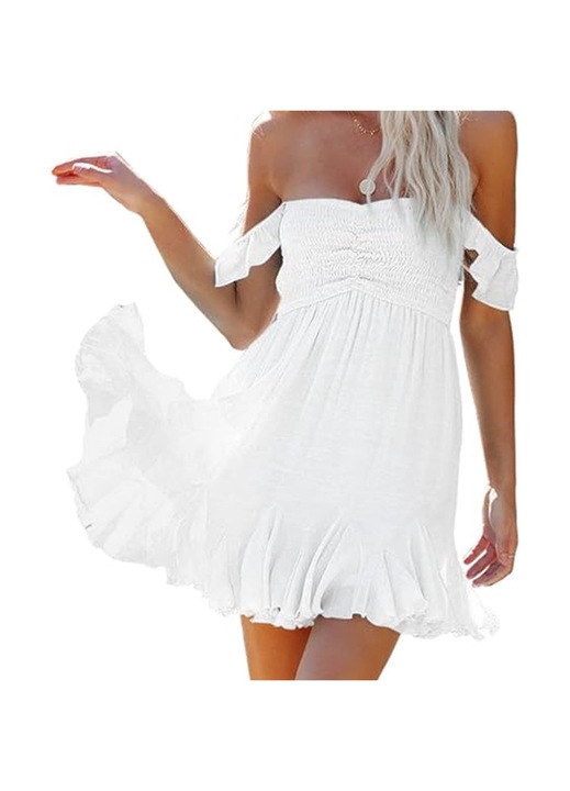 Jormftte ruha, mini, fehér, poliészter, ejtett vállú, szív alakú dekoltázs, rugalmas pántok