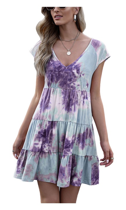 Jormftte ruha, Tie Dye nyomattal, V-nyakú, széles ujjú, lila, elegáns