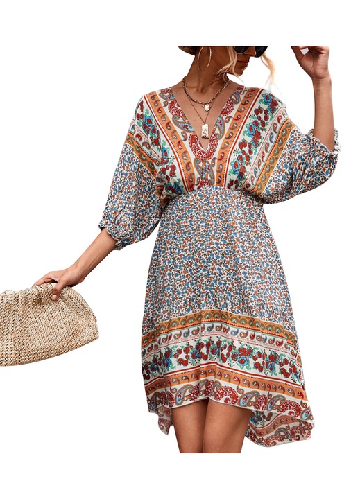 Jormftte ruha, virágmintás, V-nyakú, puffos ujjú, kajszibarack színű, puha anyagból készült, M INTL