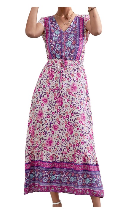 Női ruha, Jormftte, virágmintás, V-nyakú, rövid ujjú, lila, poliészter, L INTL