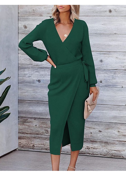 Női hosszú ruha, Jormftte, V-nyakú, hosszú ujjú, zöld, poliészter