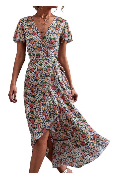 Jormftte alkalmi ruha, átlapolt, virágmintás, V-nyakú, fodros ujjú, többszínű, rugalmas anyag, S INTL