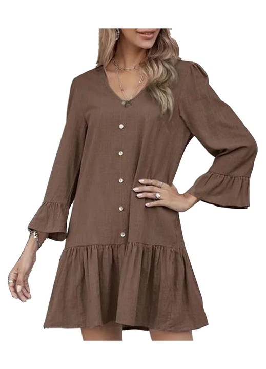Jormftte ruha gombokkal, V-nyakú, hosszú ujjú, barna színű, poliészter szál, 2XL INTL