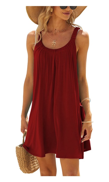 Női redőzött ruha, dekoltált, nyári, alkalmi, divatos, elegáns, strandruha, ujjatlan, partiruha, bordó XXL