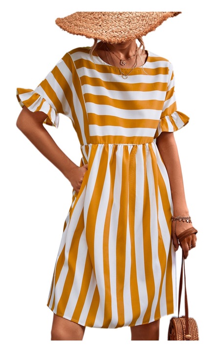 Jormftte midi ruha, alkalmi, lezser, fodros, csíkos, rövid ujjú, S INTL