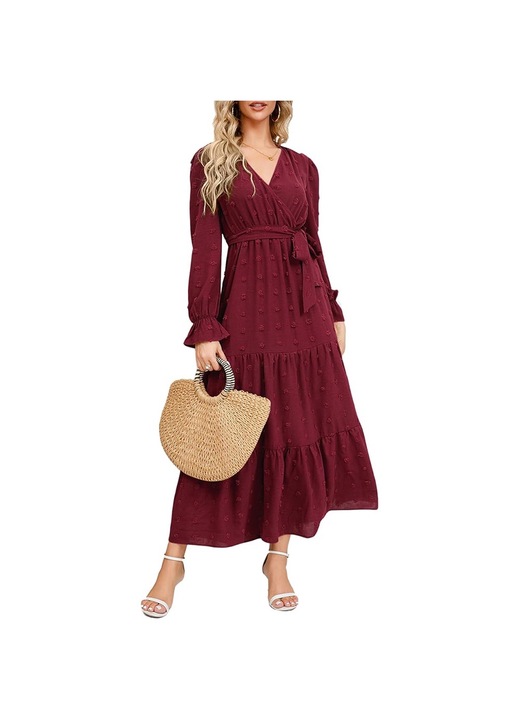 Hosszú ruha, Jormftte, V-nyakú, poliészter, Piros