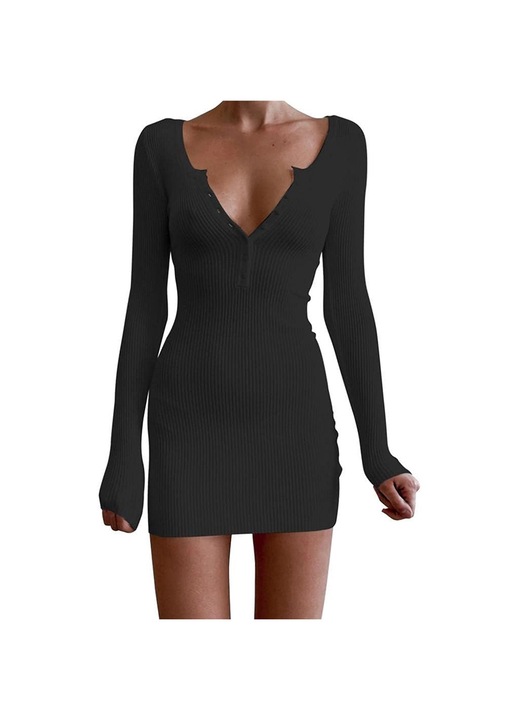 Jormftte ruha, kötött, hosszú ujjú, V-nyakú, fekete