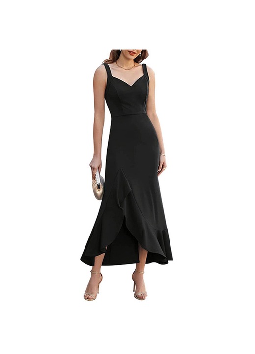 Jormftte testhezálló ruha, V-nyakú, fodros, fekete, poliészter