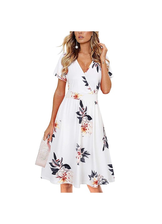 Női nyári ruha, Jormftte, rövid ujjú, V-nyakú, fehér, poliészter, M INTL