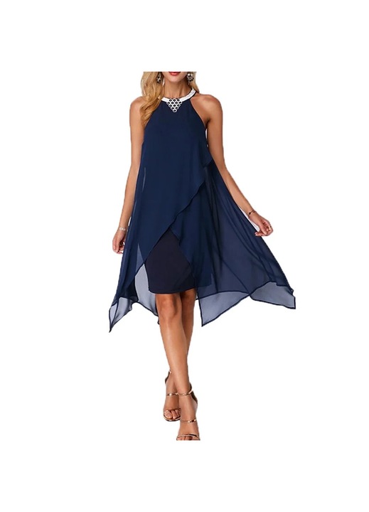 Jormftte alkalmi ruha, rövid, ujjatlan, aszimmetrikus, sötétkék, sifon, L INTL