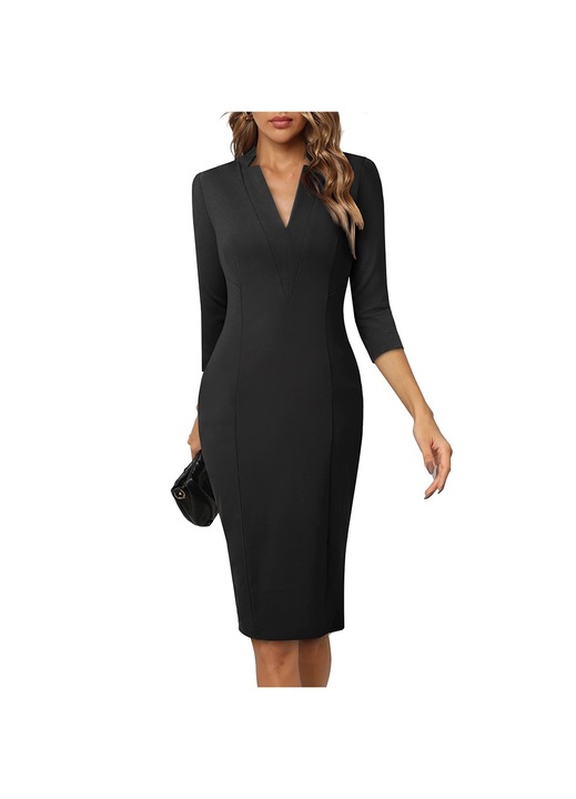 Jormftte ruha, A-vonalú, háromnegyedes ujjú, V-nyakú, fekete, rugalmas anyag