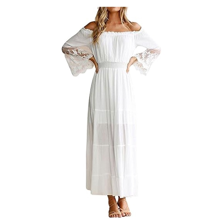 Hosszú női ruha, ejtett vállú, fodros csipkeujjú, elegáns bohém ruha esti partira, fehér