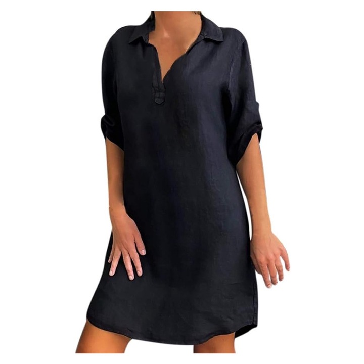 Női bő ingruha, nagyméretű, pamut, lenvászon, lehajtható gallérral