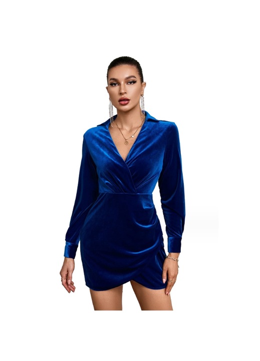 Jormftte ceruza ruha, kék, bársony, hosszú ujjú, sliccelt, slim-fit