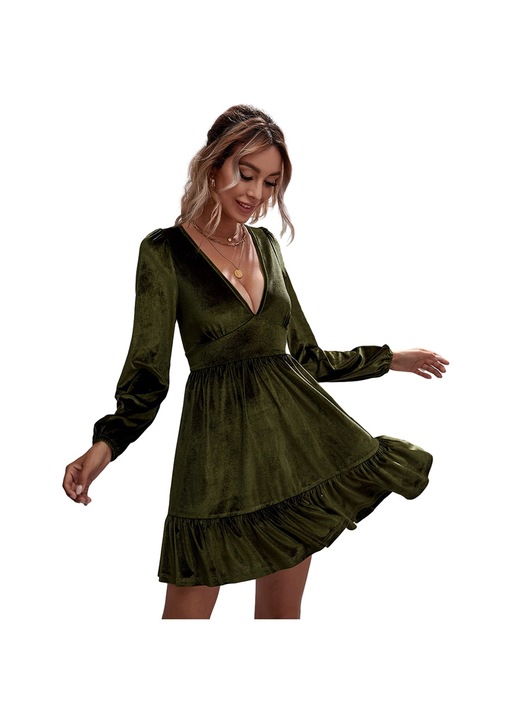 Jormftte ceruza ruha, sötétzöld, bársony, hosszú ujjú, sliccelt