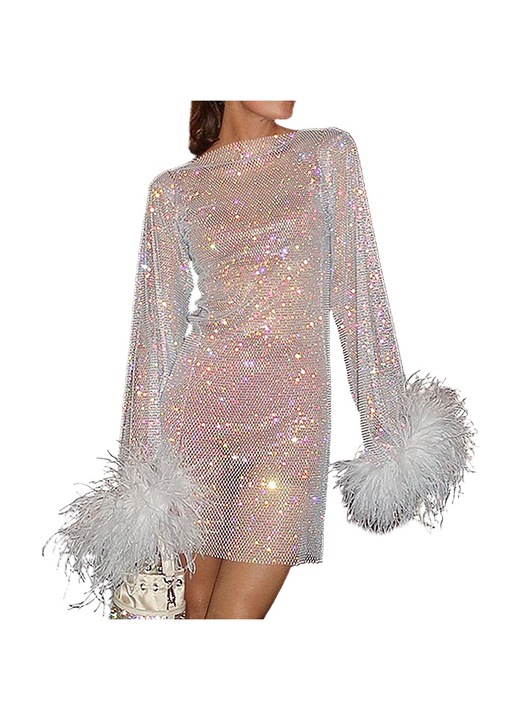 Jormftte klubruha, szexi, hosszú ujjú, fehér, tollas háló, flitteres