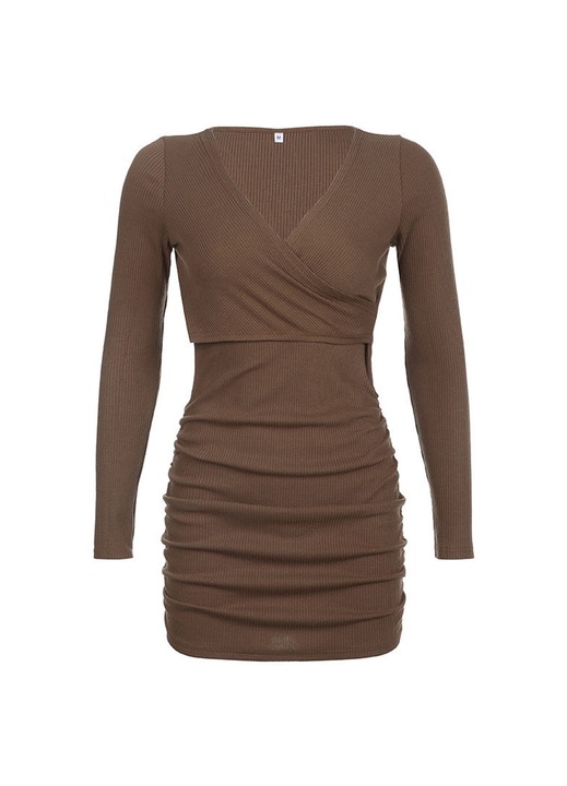 Női ruha, Jormftte, elegáns, hosszú ujjú, V-nyakú, barna színű, pliszírozott anyagból készült
