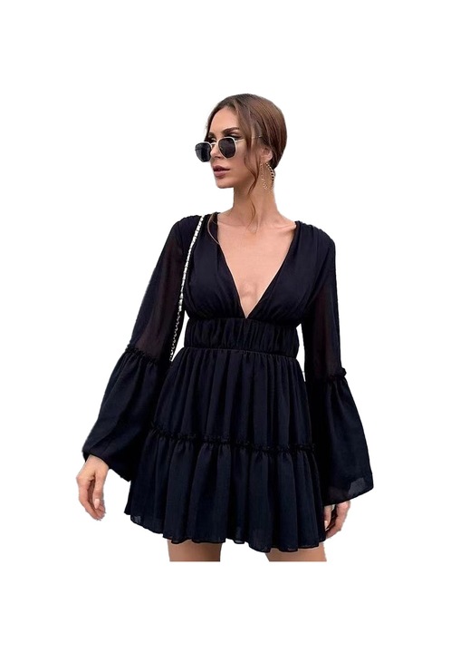 Női ruha, Jormftte, hosszú ujjú, V-nyakú, fodros szegélyű, fekete, könnyű anyagból