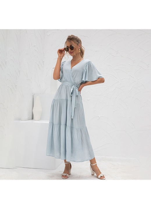Jormftte estélyi ruha, A-vonalú, V-nyakú, fodros ujjú, világoskék, rugalmasság nélküli