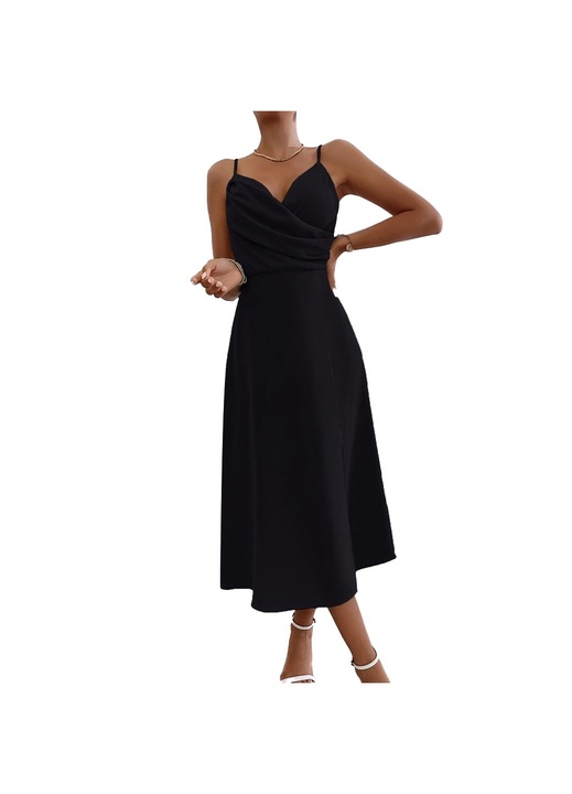 Jormftte koktélruha, sliccelt alsó, vékony pántok, V-nyakú, fekete, rugalmas anyagból készült