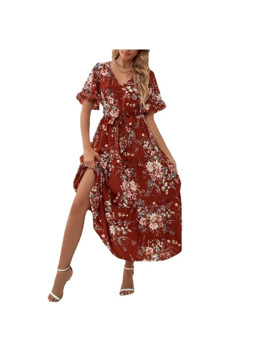 Jormftte alkalmi ruha, piros, sifon, virágmintás, tea hosszúságú, rövid ujjú, nyári viseletre alkalmas