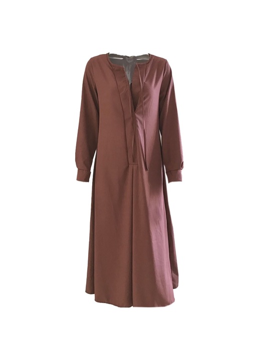 Jormftte alkalmi női ruha, V-nyakú, hosszú ujjú, egyszínű, pamut+poliészter, barna
