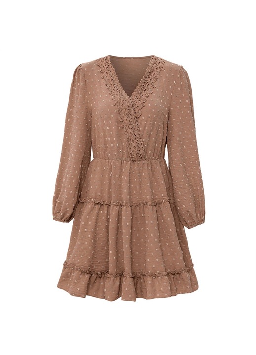 Tavaszi ruha, Jormftte, mini, pöttyös, V-nyakú, barna színű, kényelmes anyagú, L INTL
