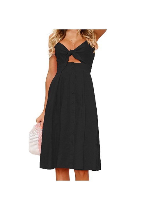 Női ruha, Jormftte, nyitott vállú, V-nyakú, nyitott hátú, fekete, poliészter