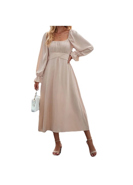 Jormftte testhezálló ruha, puffos hosszú ujjakkal, magas derékkal, pliszírozott, barack színű, poliészter