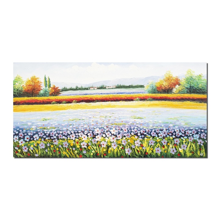 Tablou gigant pictat manual living, dormitor, Camp cu flori, 140x70cm pictura peisaj in ulei pe panza in cutit efect 3D, gata de expus pe perete