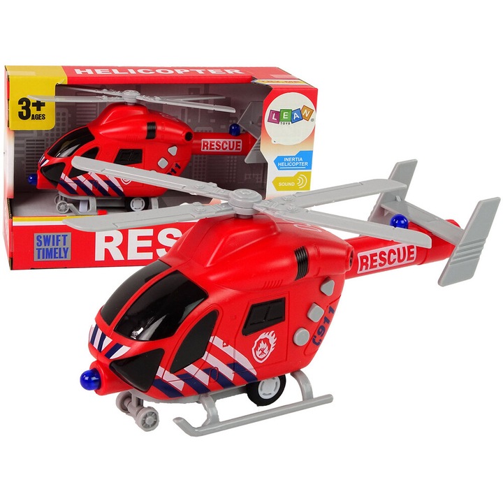Elicopter de salvare, LEAN TOYS, rosu, 20x6x10cm, cu sunete si lumini, set cu baterii