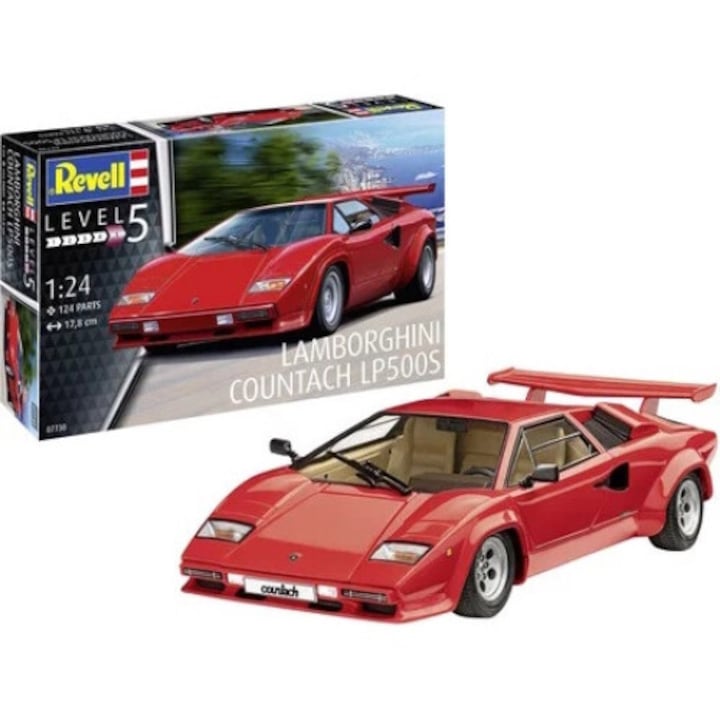 Lamborghini Countach LP500S autómodell, Revell, műanyag, 13 év+, 1:24, 124 db, 17,8 cm, piros