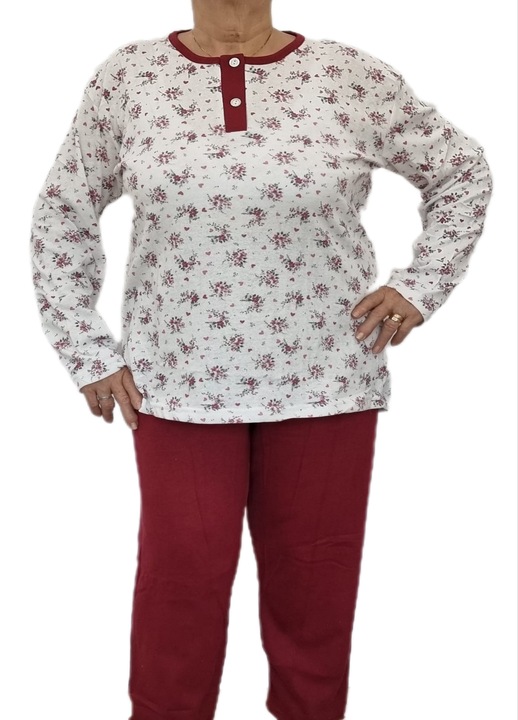 Pijama dama, cu nasturi, vatuita, bumbac 100%, alb/grena