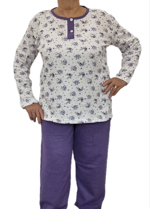 Pijama dama, cu nasturi, vatuita, bumbac 100%, alb/mov