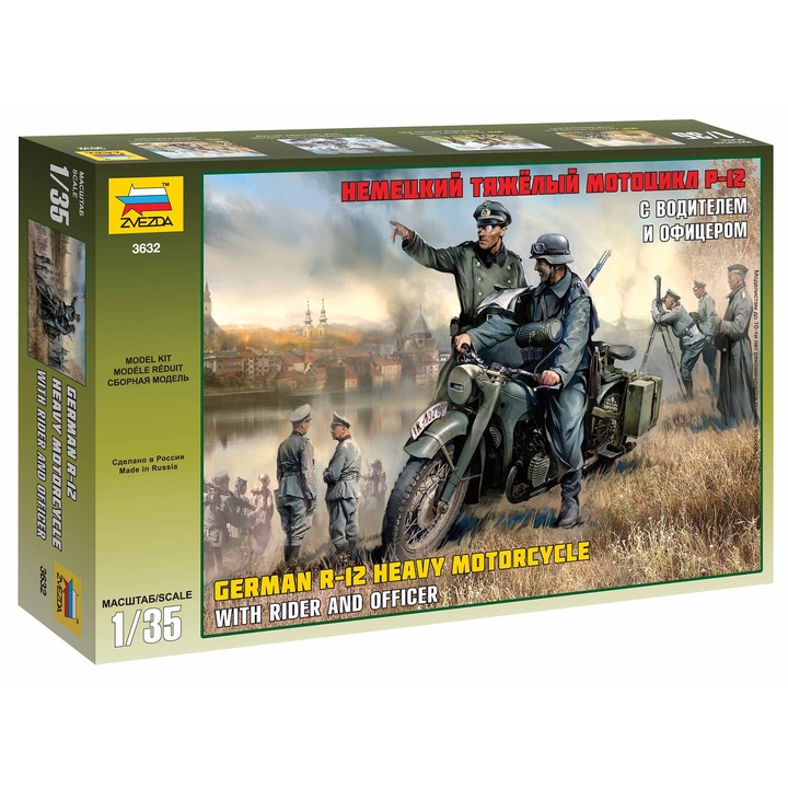 Model militar Zvezda R-12 motocicleta grea cu rider, 1:35, 6,5 cm, 119 piese, recomandat pentru copii de la 10 ani