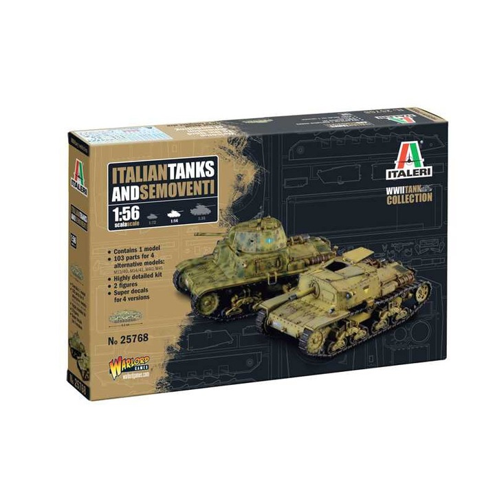 Set model tank M13/40, Italeri, 1:56, 9.2cm, 103 piese, 2 figurine, detalii foarte precise