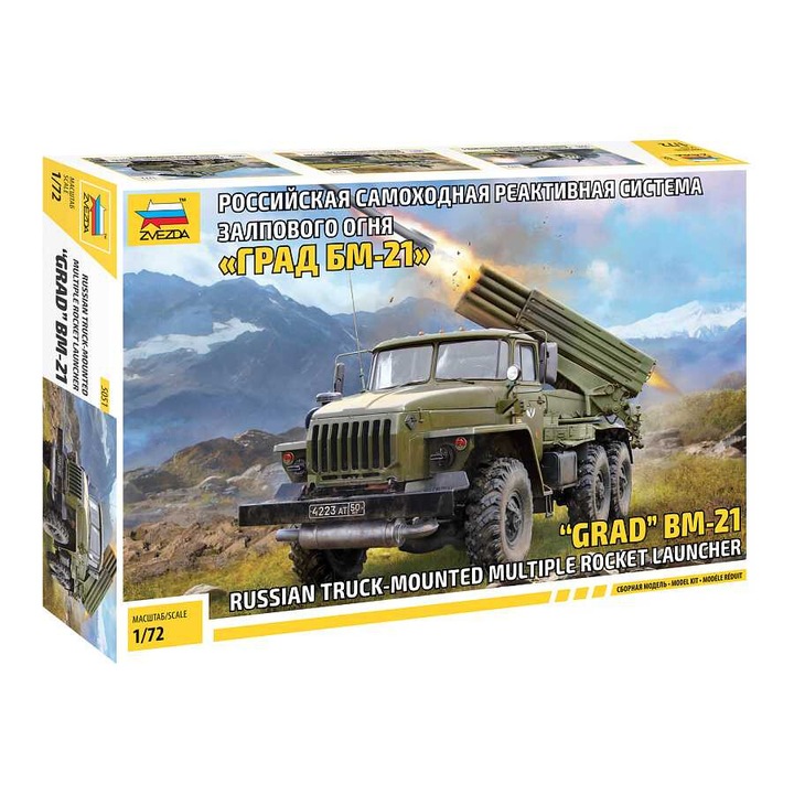 Model militar Zvezda 5051 - Lansator de rachete BM-21 Grad, 1:72, 10,5 cm, 199 piese