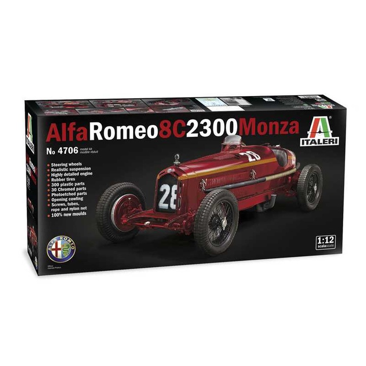 Alfa Romeo 8C 2300 Monza modell autóskészlet, 1:12, 32 cm, 300 db, 30 króm alkatrész
