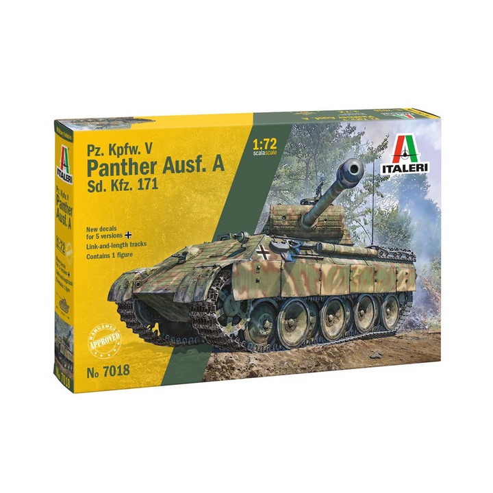 Model militar Italeri, Sd.Kfz. 171 Pz.Kpfw. V Panther Ausf. A, 1:72, 12,3 cm, dificultate 3, set cu figurina